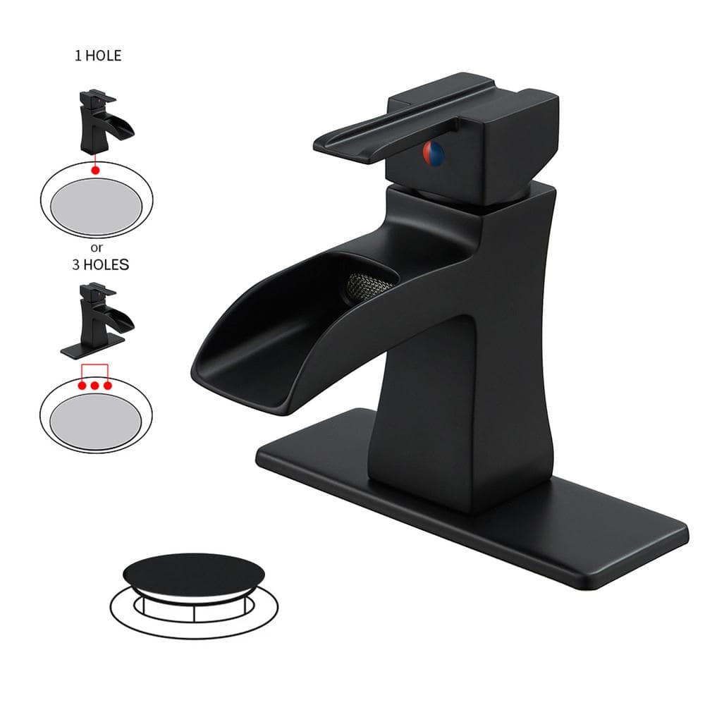 Single-Handle 1 or 3-Hole Waterfall Bathroom Faucet Matte Black Bathroom Si