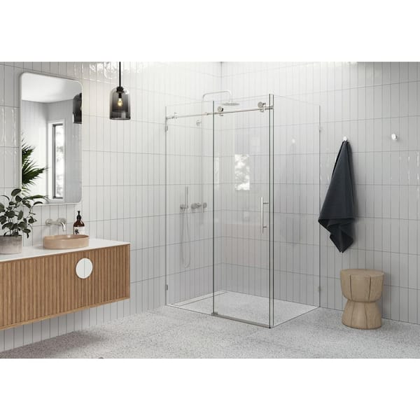 48 in. W x 78 in. H Rectangular Sliding Frameless Corner Shower Enclosure in Nickel with Clear Glass