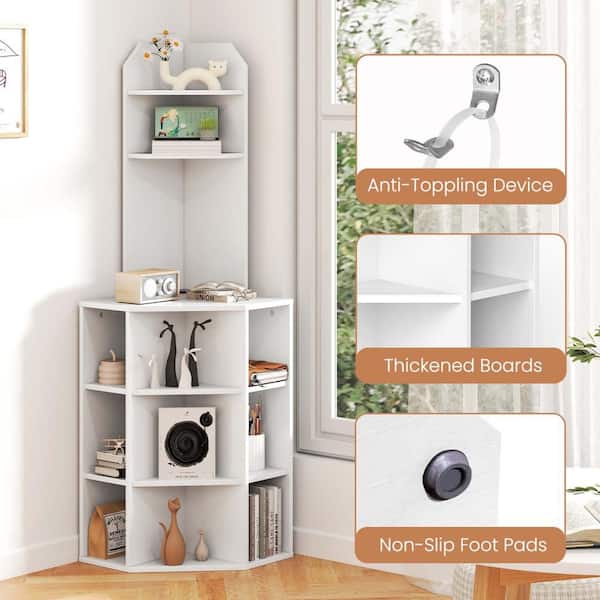 63 in. Tall White Wood 6-Shelf Corner Shelf Corner Bookcase with 2 USB Ports and Charging Station