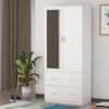 White storage cabinet with mirror and drawers.
