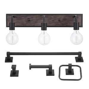 Auckland 24 in. 3-Light Black Vanity Light with Faux Wood Accent and Bath Set (5-Piece)