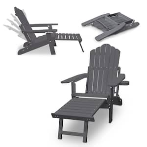 Folding Plastic Outdoor Adirondack Chair with Pull-out Ottoman and Cup-Holder in Gray