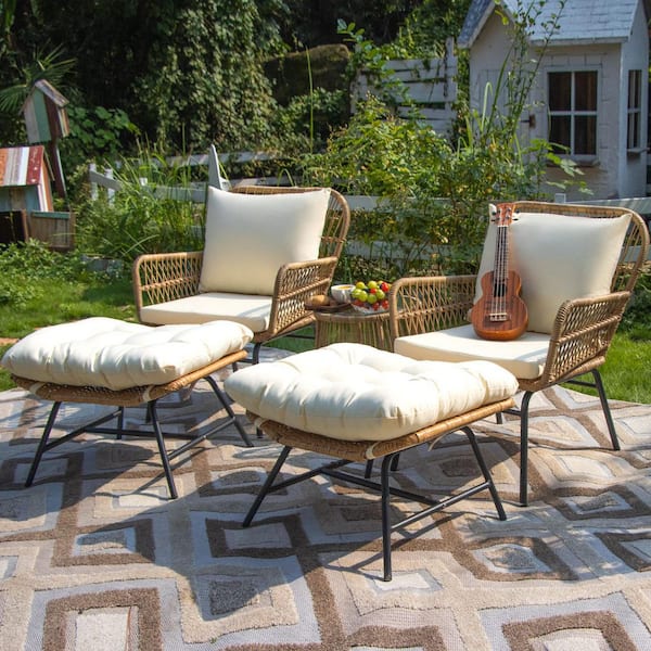 5-Piece Boho Outdoor Furniture Patio Wicker Conversation Sectional Seating Set with Beige Cushion, Ottoman, Coffee Table