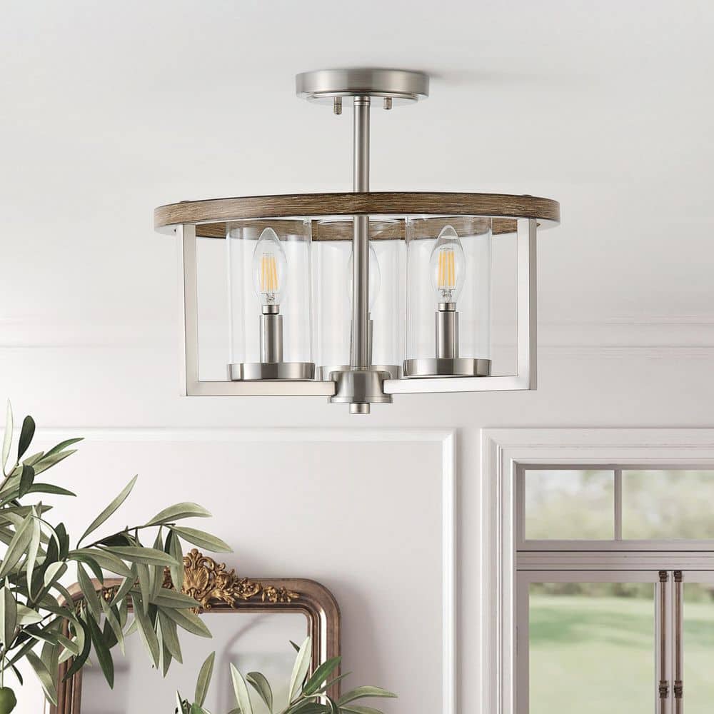 14.96 in. 3-Light Industrial Brushed Nickel Semi-Flush Mount Rustic Close to Ceiling Light with Clear Glass Shades price history on PriceWatchPro