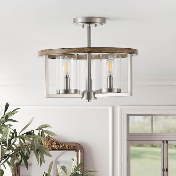 14.96 in. 3-Light Industrial Brushed Nickel Semi-Flush Mount Rustic Close to Ceiling Light with Clear Glass Shades