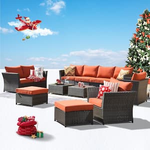 Mesa Brown 12-Piece No Assembly Wicker Outdoor Patio Conversation Sofa Set with Orange Red Cushions