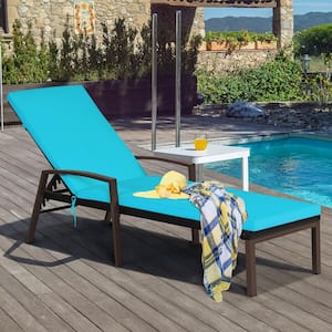 1-Piece Metal Outdoor Chaise Lounge with Turquoise Cushions