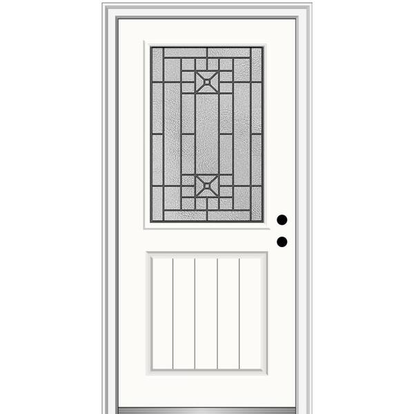 MMI Door 36 in. x 80 in. Courtyard Left-Hand 1/2 Lite Decorative Painted Fiberglass Smooth Prehung Front Door, 4-9/16 in. Frame