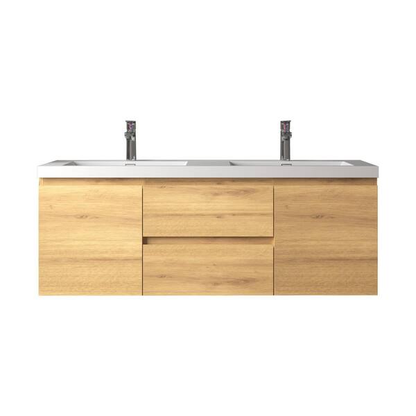 Angela 60 in. Double A.Oak Bath Vanity Wall-mounted Floating Vanities with Gloss White Resin Stone Top 2 Drawers 2 Doors
