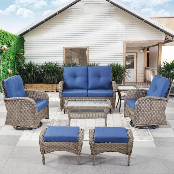 Gymojoy Carlos Gray 7-Piece Glider Set Wicker Patio Conversation Set Outdoor Swivel Chair Set with Blue CushionGuard Cushions