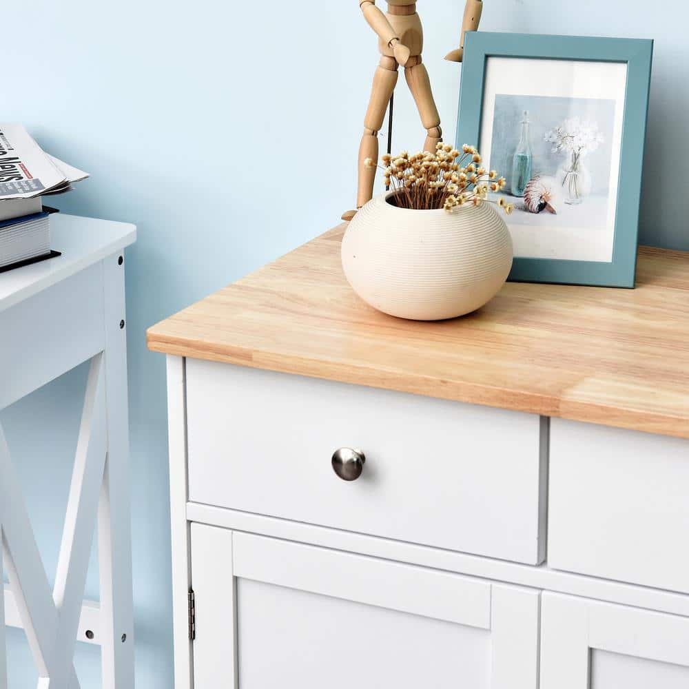 Modern White Kitchen Storage Cabinet with Adjustable Shelf and Solid Wood Top