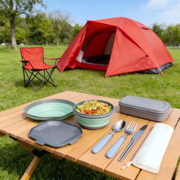 Camping Series Food Grade Silicone and PP Collapsible Bowl Set with Lids, Silicone Salad Bowl Serving, 3-Pack