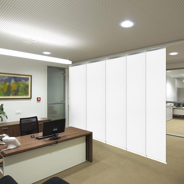 EMOH Alabaster 58 in. to 110 in. W x 116 in. L Adjustable 5-Panel, White Single Rail Panel Track with 23.5 in. Slates
