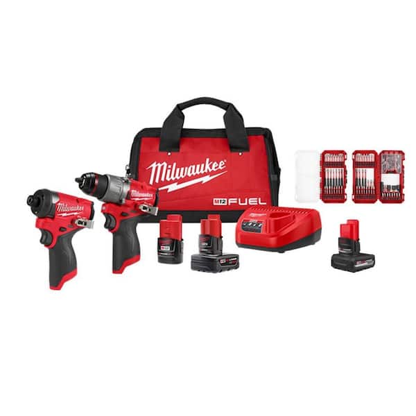 M12 FUEL 12V Cordless Hammer Drill/Impact Combo Kit (2-Tool) w/5.0Ah Battery & SHOCKWAVE Bit Set (100-Pc)