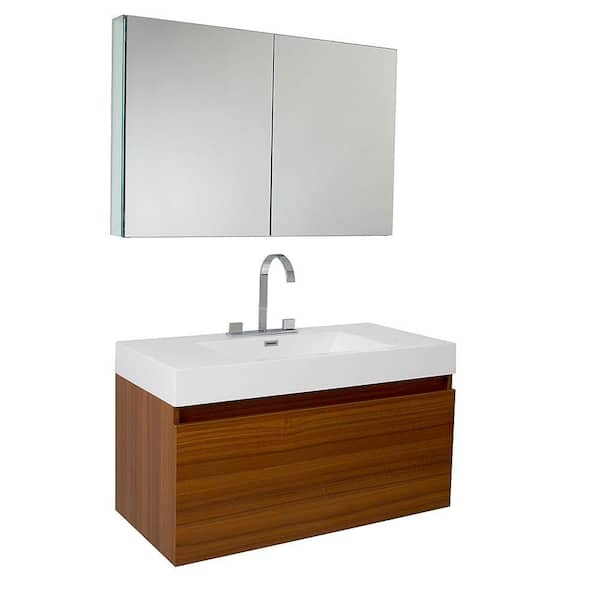 Fresca Mezzo 40 in. Vanity in Teak with Acrylic Vanity Top in White with White Basin and Mirrored Medicine Cabinet