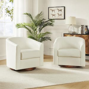 Meroy 30.5 in. Wide White Modern Swivel Barrel Faux Leather Chair with Solid Wood Base Set of 2