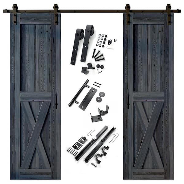 HOMACER 24 in. x 84 in. X-Frame Navy Double Pine Wood Interior Sliding Barn Door with Hardware Kit Non-Bypass