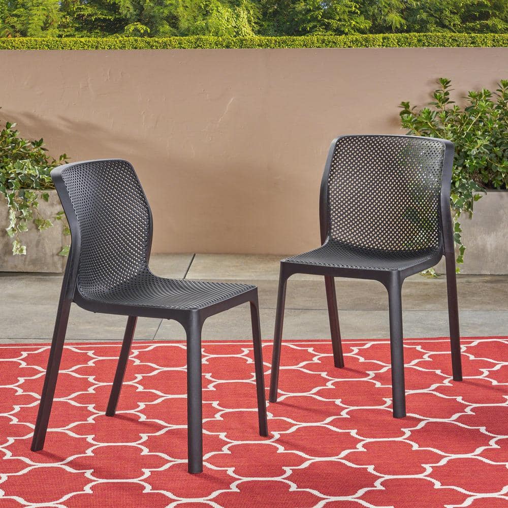 Noble House Labaron Black Stackable Plastic Outdoor Lounge Chairs (2