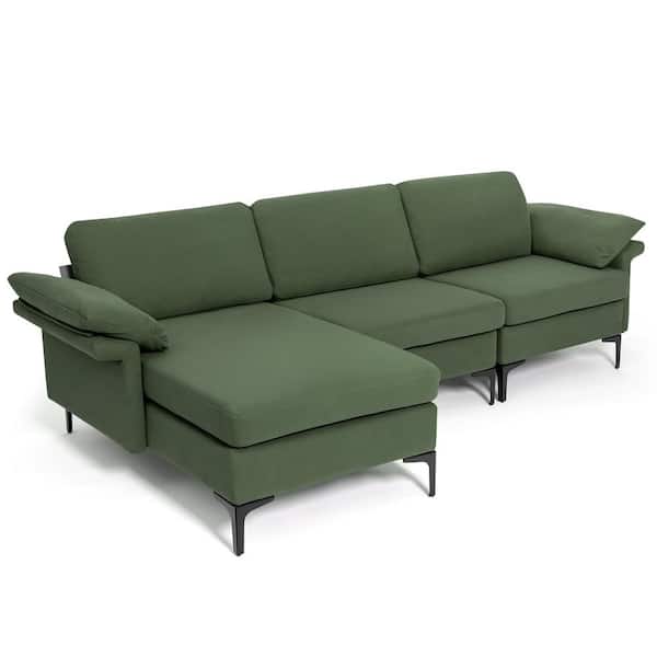 Costway 100.5 in. W Square Arm 3-Piece Polyester Modular Modern 3-Seat Sofa Couch with Reversible Chaise and 2 USB Ports Green