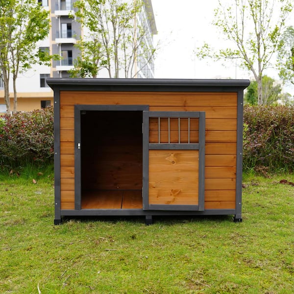Tunearary 45 in. Outdoor Solid Wood Large Dog House with Lockable Breathable Wood Door and Waterproof Roof