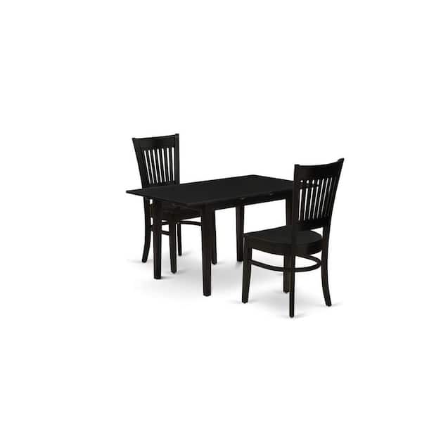 East West Furniture 3-Piece Black Finish Rectangular Solid Wood Top With Butterfly Leaf Dining Table Set
