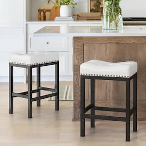 24 in. White Counter Height Saddle Bar Stool Faux Leather Cushion Backless Bar Stool with Metal Legs (Set of 2)