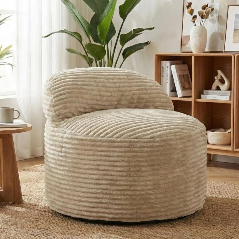 Teddy 2-in-1 Corduroy Beige Convertible Polyester Bean Bag Chair and Pillow