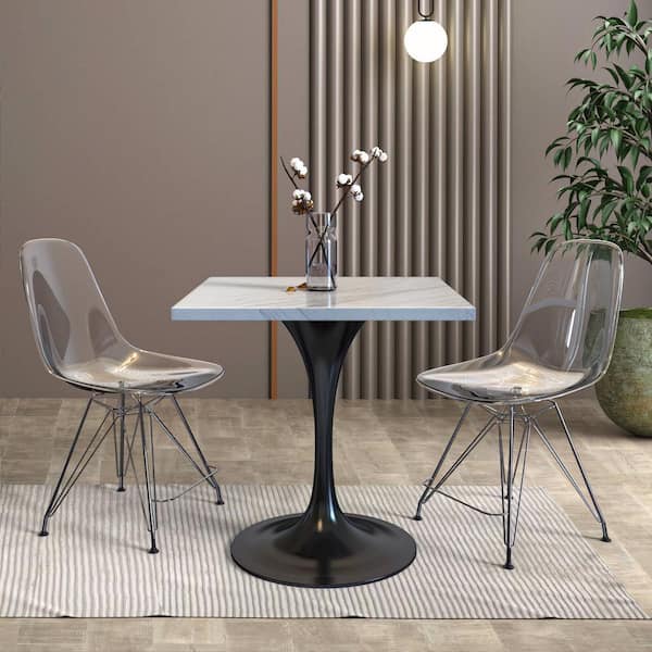 Leisuremod Verve Modern White Marble Tabletop 27" with Black Steel Pedestal Base Dining Table 4 Seater