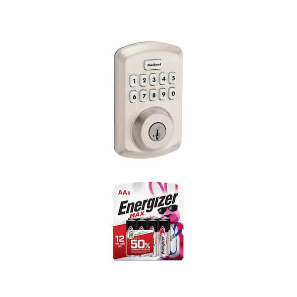 Powerbolt 250 Satin Nickel Electronic Deadbolt and MAX AA Alkaline Batteries (8-Pack) Combo