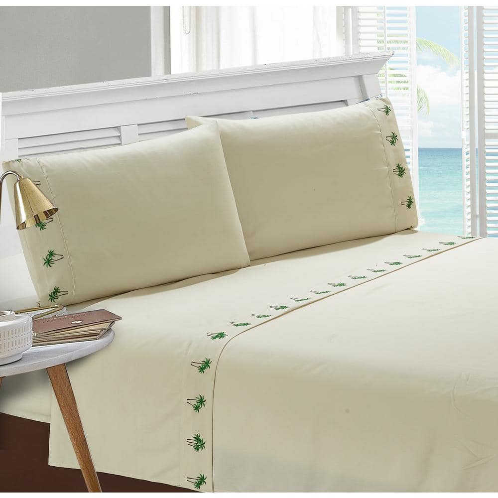 Queen Beige Embroidered Palm Tree Microfiber Sheet Set