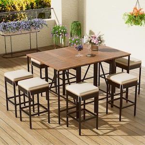10-Piece Acacia Wood Outdoor Dining Set with Beige Cushion Bar Height Dining Table and 8 Stools Wicker Foldable Tabletop