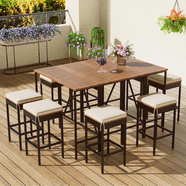 Unbranded 10-Piece Acacia Wood Outdoor Dining Set with Beige Cushion Bar Height Dining Table and 8 Stools Wicker Foldable Tabletop