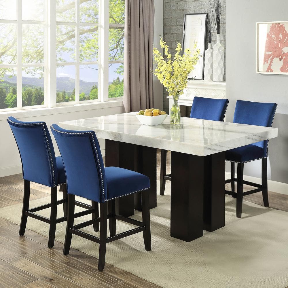 Camila White Marble 70 in. Rectangle Counter Height Dining Set 5-Pieces with 8-Blue Velvet Upholstered Side Chair -  Steve Silver, CM420-C5PC-WB