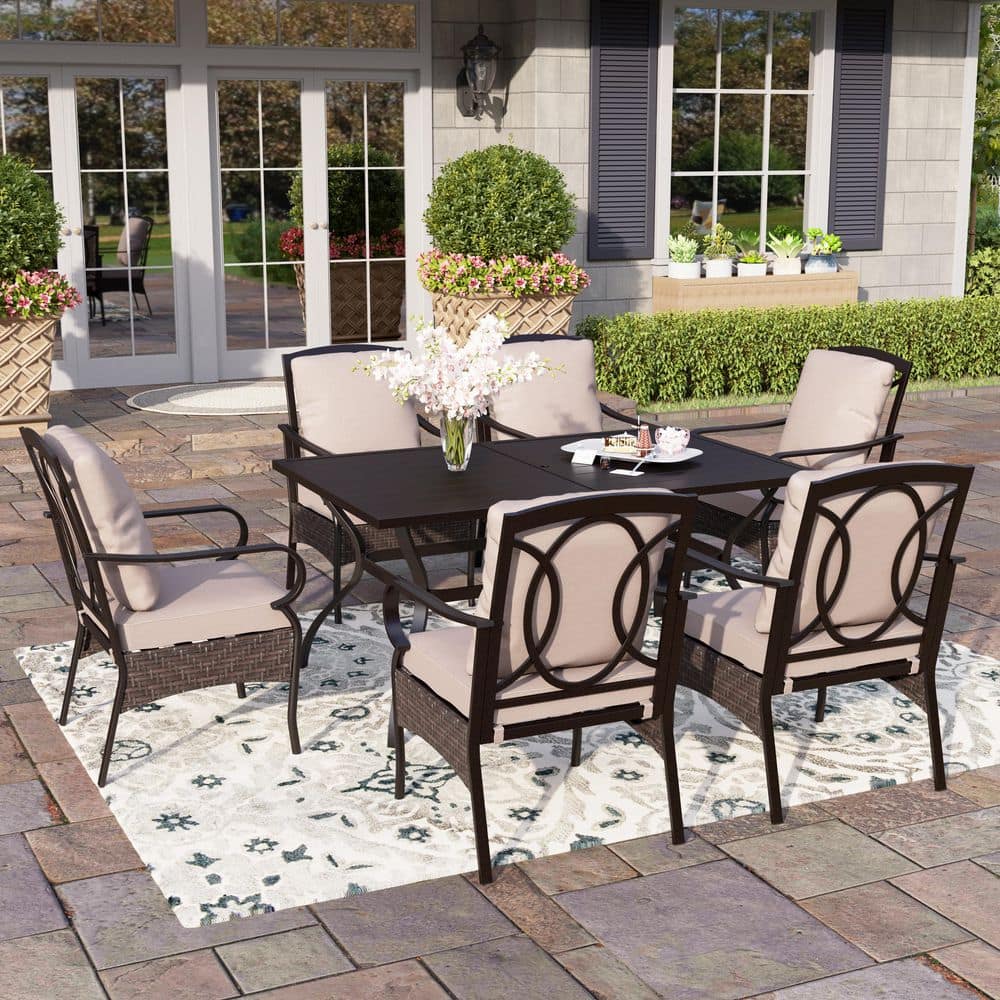 7-Piece Metal Patio Outdoor Dining Set with Black Rectangle Slat Table and Stationary Chairs with Beige Cushions price history on PriceWatchPro