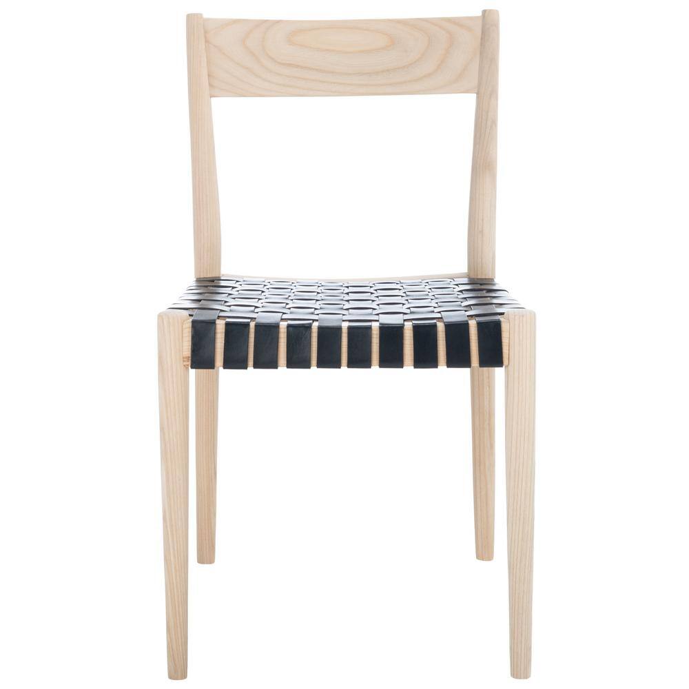 Modern Black Leather and Natural Wood Side Chair Set