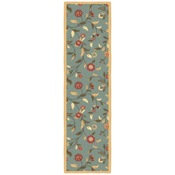 Ottomanson Ottohome Collection Non-Slip Rubberback Floral Leaves 2x7 Indoor Runner Rug, 1 ft. 10 in. x 7 ft., Dark Seafoam Green