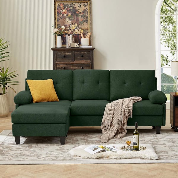 STICKON 86.22 in. W Armless Fabric L-Shaped 3-Seat Sectional Sofa in Green with Side Storage Pockets (2-Piece)