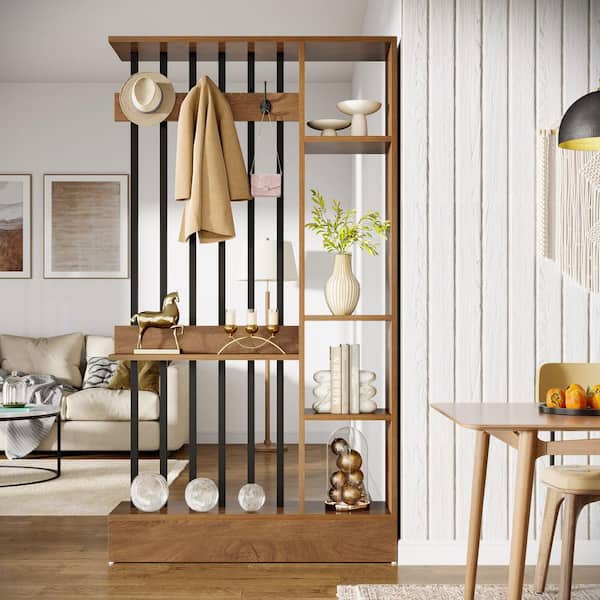 71 in. Brown Wood Room Divider, Modern Freestanding 4-Shelf Room Divider Bookcase with 3 Hooks for Home Living Room