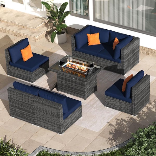 FINCATI Modern 7-Piece Charcoal Wicker Patio Fire Pit Conversation Sectional Deep Seating Sofa Set with Navy Blue Cushions