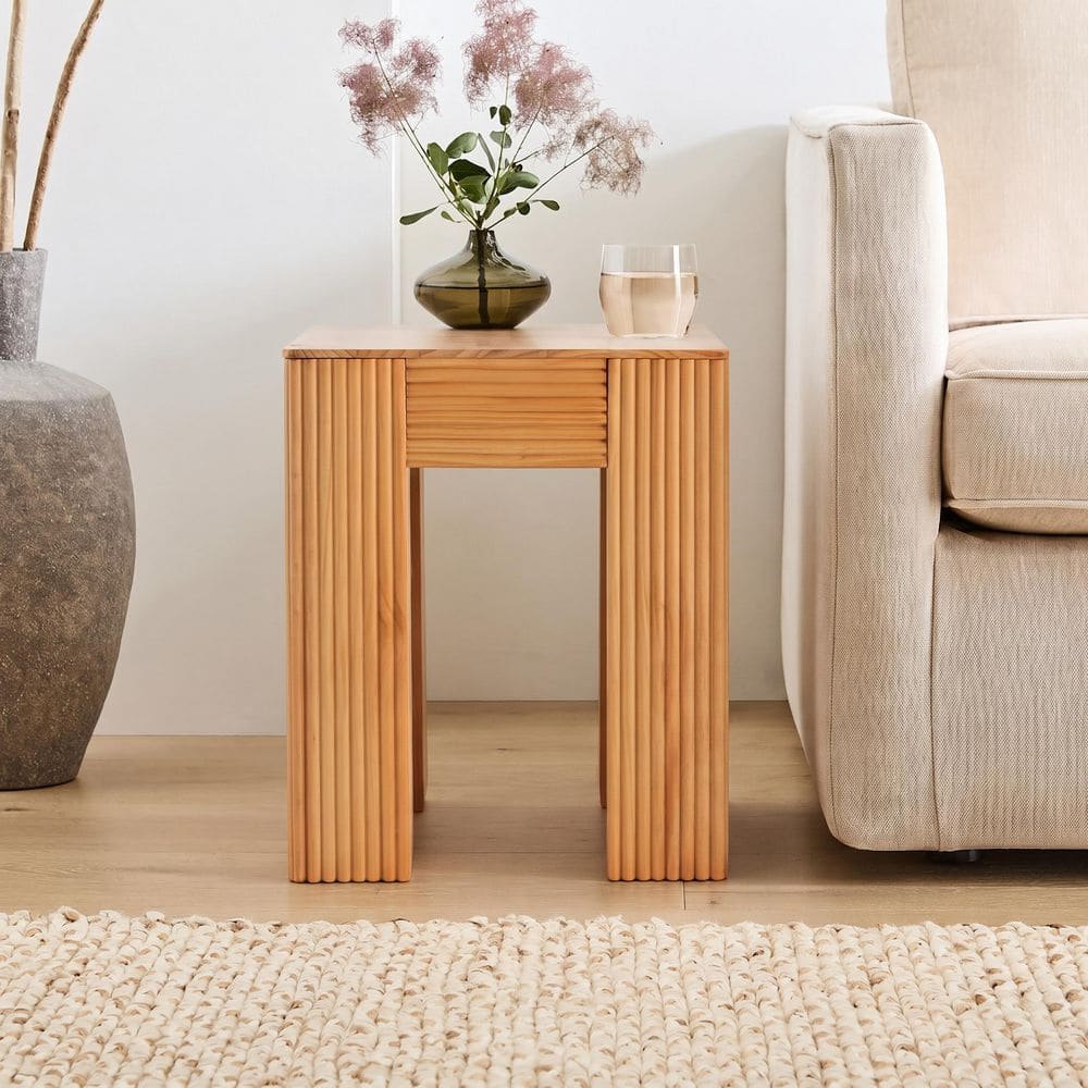 Hugh 17.72 in. Brown Rectangle Wood Top Fluted End Table with Elephant-Leg Design, Natural
