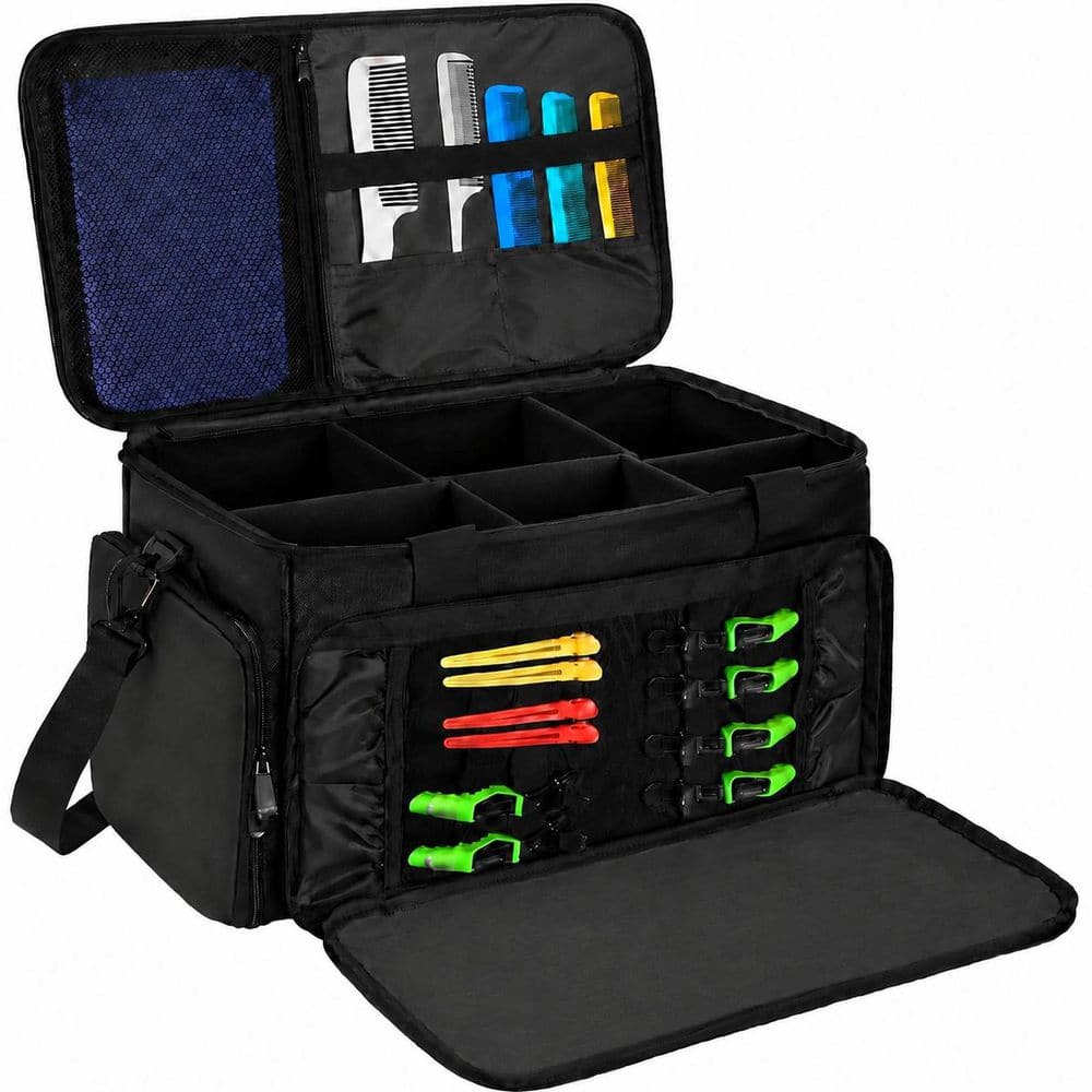 17 in Portable Hair Tool Organizer with Adjustable Dividers for Barber Supplies, Black Finish, Travel Case