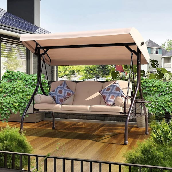 SANSTAR 3-Seat Patio Porch Swing with Adjustable Canopy and Removable Waterproof Seat Cushion in Taupe