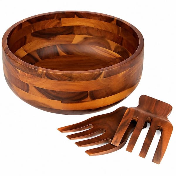 Acacia Wood Salad Bowl Set 11 in. Diameter x 4.5 in. Height Natural Brown with 2 Wooden Serving Hands