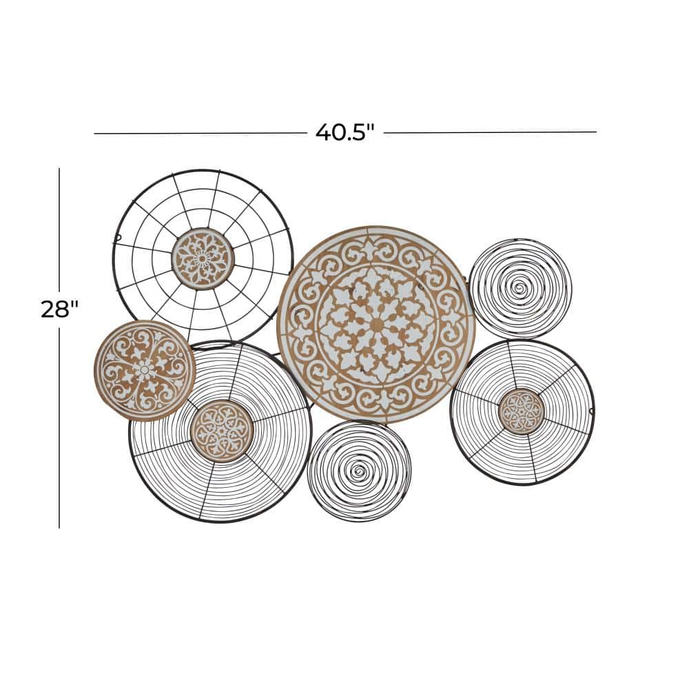 Boho Black and Beige Metal and Pinewood Circle Wall Sculpture