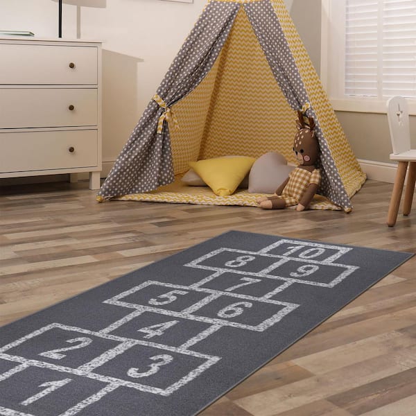 Kid's Play Collection Non-Slip Rubberback Hopscotch 3x6 Kid's Runner Rug, 2 ft. 7 in. x 6 ft., Dark Gray