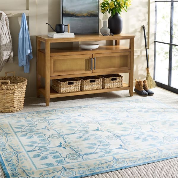 Martha Stewart Washable Ivory/Light Blue  5 ft. x 7 ft. Machine Washable Geometric Floral Area Rug