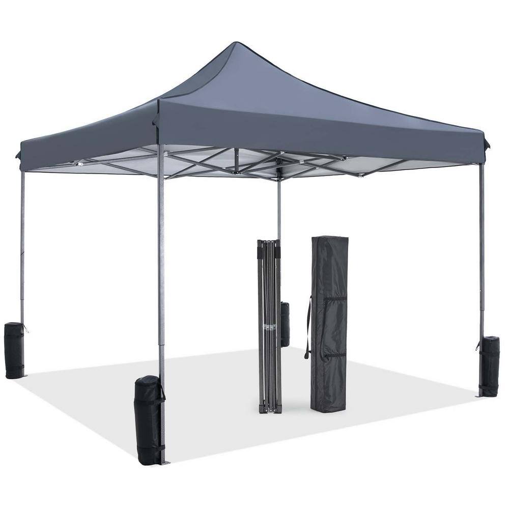 10 ft. x 10 ft. Gray Pop Up Outdoor Canopy Tent with Carry Bag and 4 Sand B
