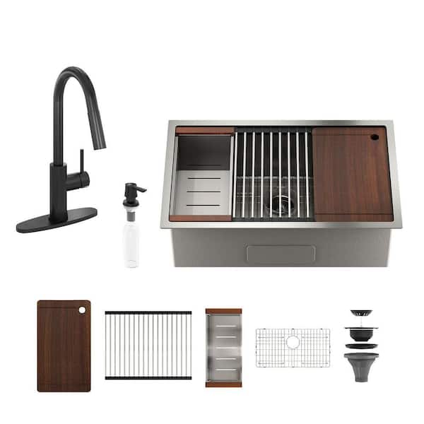 32 in. Undermount Single Bowl 18-Gauge Brushed Stainless Steel Kitchen Sink with Matte Black Faucet and Accessories Kits