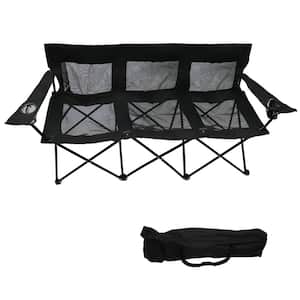Portable 3-Seater Folding Triple Tri Camp Chair with Steel Frame and Carry Bag (Black Mesh)