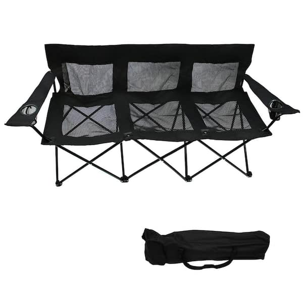 Trademark Innovations Portable 3-Seater Folding Triple Tri Camp Chair with Steel Frame and Carry Bag (Black Mesh)
